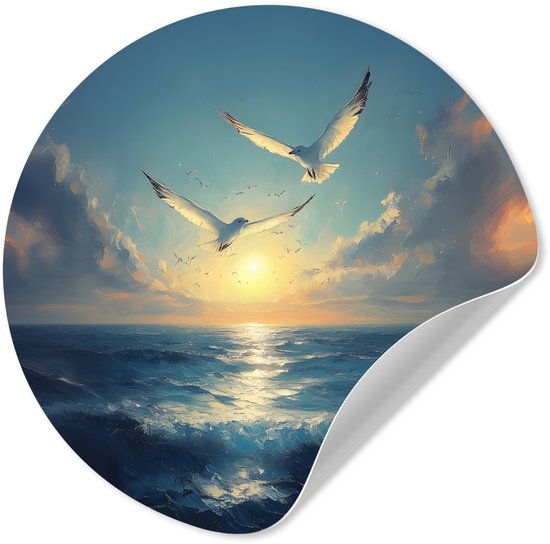 WallCircle® - Behangcirkel 30x30 cm - Muurstickers Meeuwen - Zee - Wolken -Blauw - Muurcirkel woonkamer - Wandcirkel slaapkamer - Kamer decoratie zelfklevend - Muurdecoratie accessoires