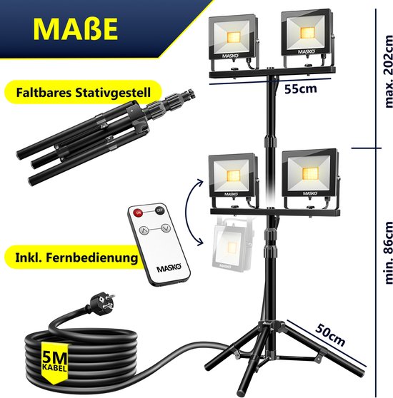 Aufun LED Bouwlamp Met Statief - 2 x 200W Schijnwerper Werklamp Spot - IP65 Waterdicht Voor Binnen en Buiten - 2 Stuks Met 150 cm Telescopisch Statief - Koudwit