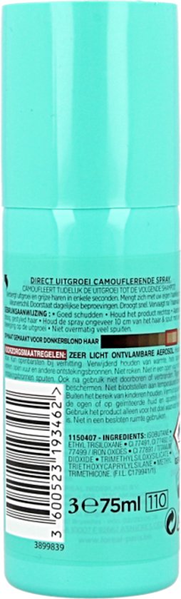 L'Oréal Paris Magic Retouch, retour spray. Turquoise flesje met gouden etiket en streepjescode. 75ml.