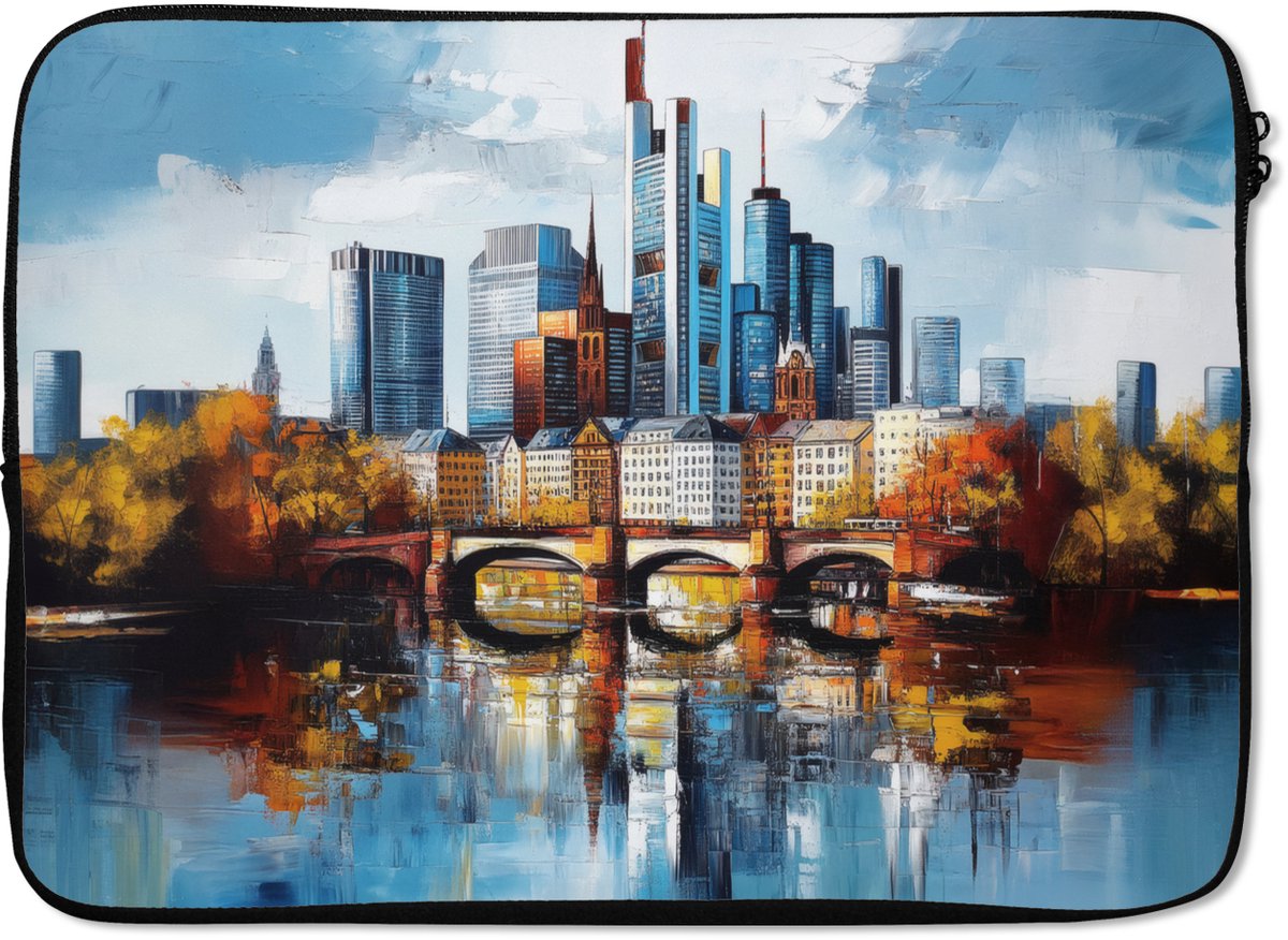 Laptophoes 13 inch - Bomen Frankfurt- Stad - Skyline - Brug - Laptop sleeve - Binnenmaat 32x22,5 cm - Zwarte achterkant