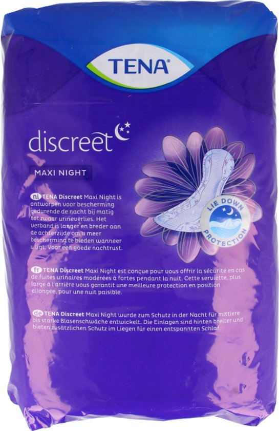 Paarse verpakking van Tena Discreet Maxi Night met tekst in het Duits, Engels en Nederlands.