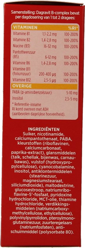 Overzicht van vitaminen en ingrediënten in Dagravit B-complex op de verpakking.