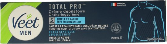Veet Men Total Pro ontharingscrème. Donkerblauwe doos met groene accenten. Schematische weergave van een mannentorso.