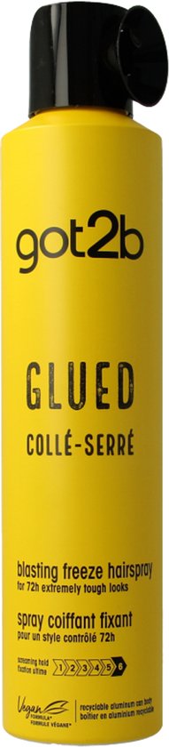 Gele spuitbus Got2b "GLUED COLLÉ-SERRÉ" voor 72u extreme fixatie.