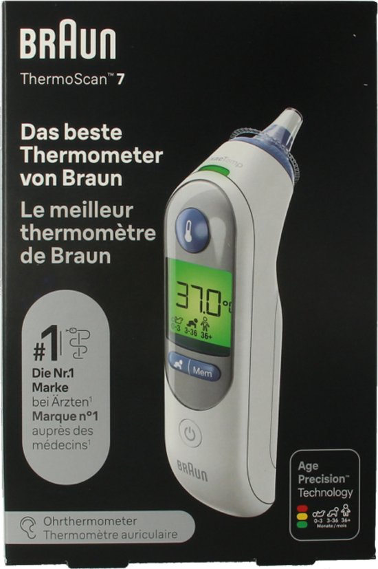 Verpakking van de Braun Thermoscan 7 oorthermometer, met een afbeelding van de thermometer en tekst 'Beste thermometer'.