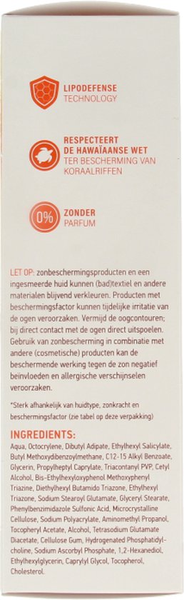 Vision SPF 50 zonnebrandcrème: Respecteert Hawaïaanse wet ter bescherming van koraalriffen, 0% parfum. Ingrediëntenlijst.
