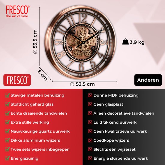 Horloge murale Fresco Modern en Koper et bronze avec Engrenages mobiles – Style industriel, élégant et fonctionnel