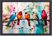 Vrolijke vogels en bloesemkunst - Vogels schilderij - Muurkunst takken - Aquarel - Luxe canvas met baklijst - Slaapkamer wanddecoratie - Canvas met baklijst 90x60 cm