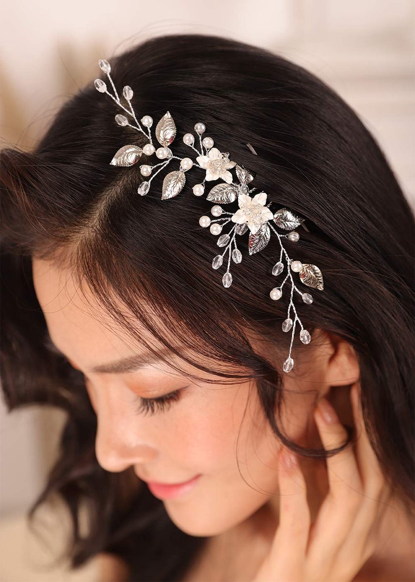 Lange ketting haar kam - vintage haaraccessoire voor bruiloft - bloem en parel