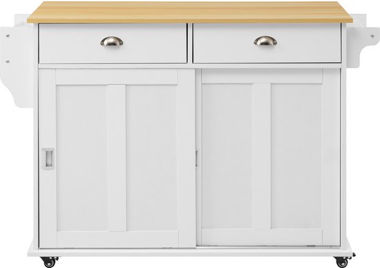 Keukeneiland op wielen - 120 x 45/70 x 91 cm - met neerklapbaar werkblad 2 schuifdeuren