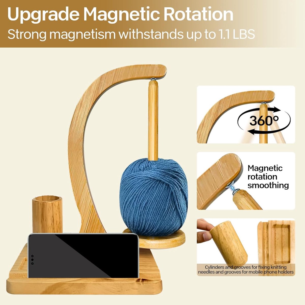 Garenkom voor Haken & Breien - Garenhouder - Met Magnetisch Spoelrek - Draaibaar Design - Incl. Telefoonhouder & Opwindmechanisme — afbeelding 5