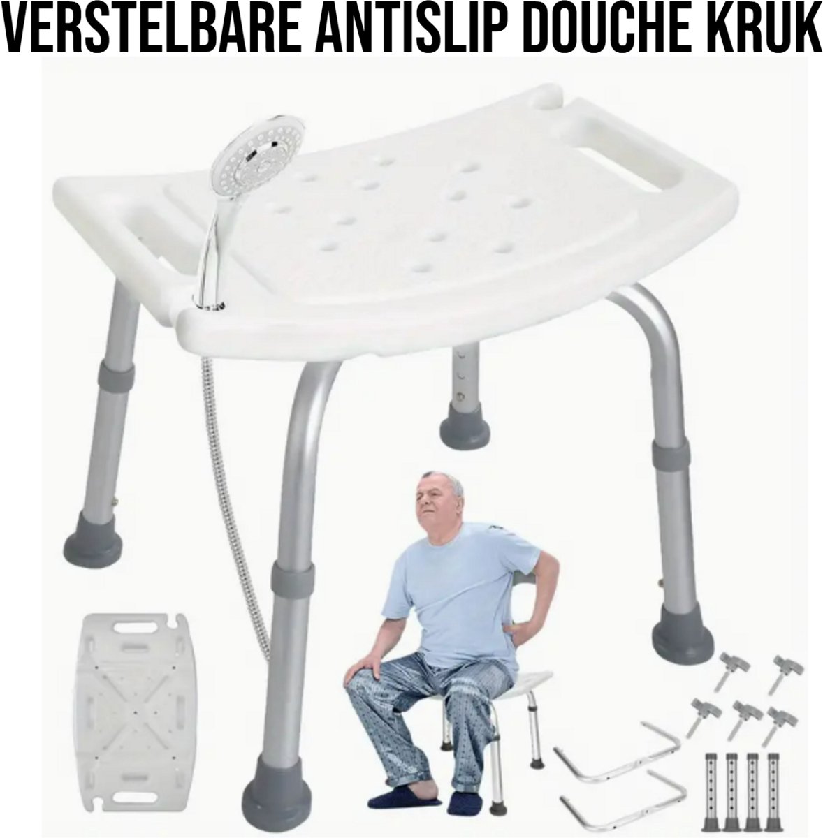 Allernieuwste.nl® Belastbare Verstelbare Douche Kruk - Antislip Wit - 200 kg Draagvermogen - Hoogte Instelbaar 40-53 cm - Aluminium Frame - Badstoel Ouderen & Zorg
