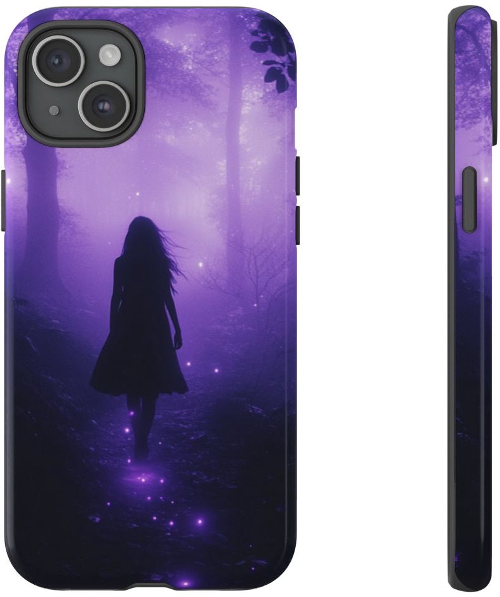 Silhouet in Gloeiend Paars Bos – Telefoonhoesje Geschikt voor iPhone 15 Plus
