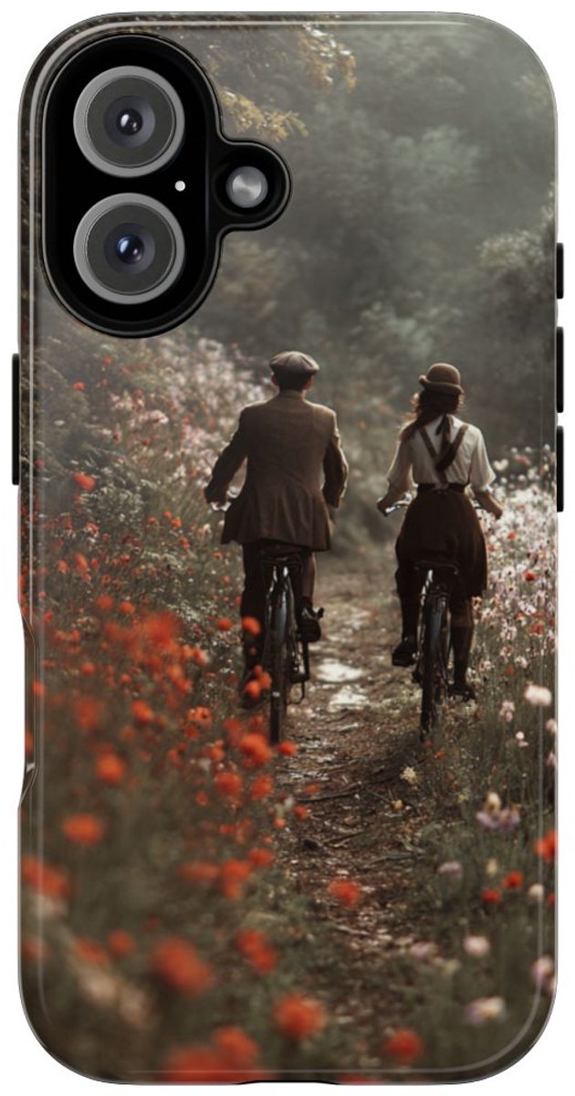 Fietsend Stelletje op Bloemenpad – Telefoonhoesje Geschikt voor iPhone 16