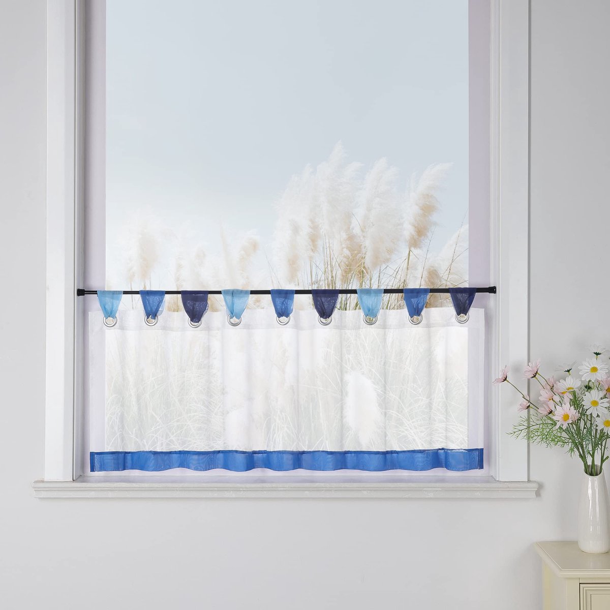 Ibenzoa Kleurrijk kort vitrage gordijn met motief en ooglussen 45x90 cm Wit