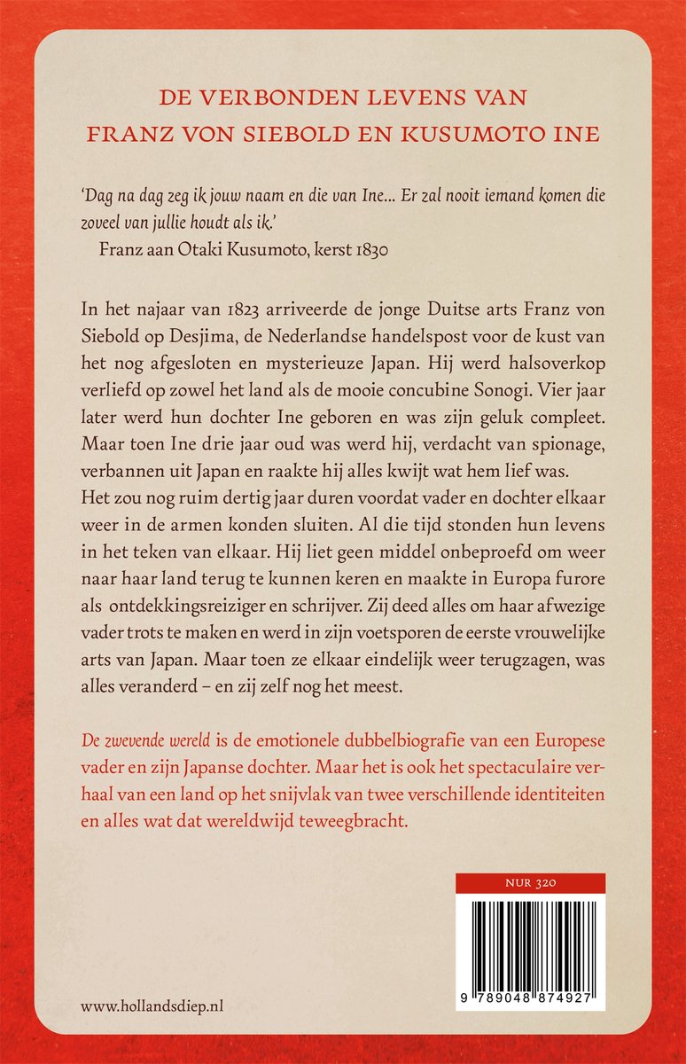 Achterkant boek 'De verbonden levens van Franz von Siebold en Kusumoto Ine'. Tekst en ISBN.