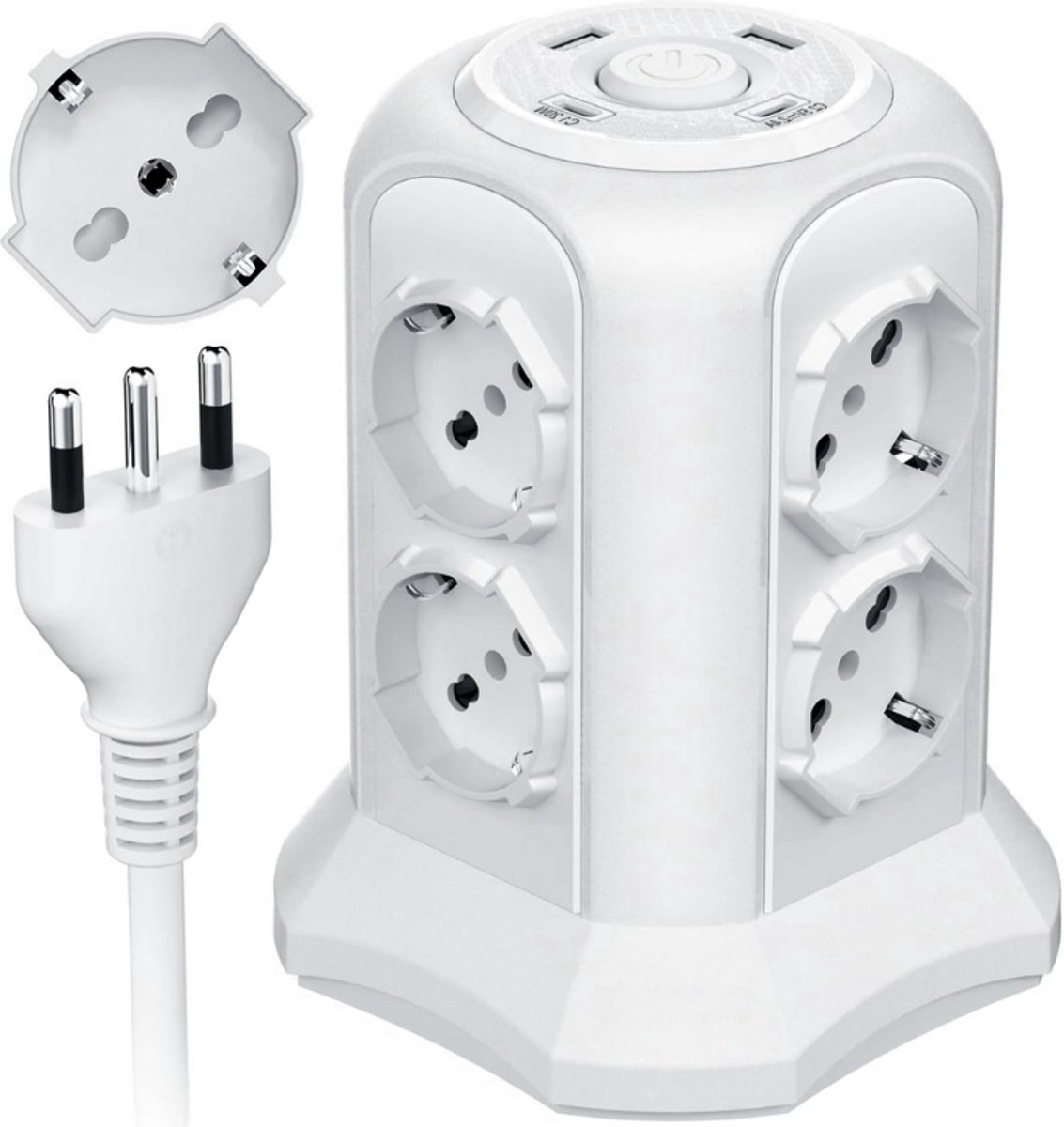 Thuys – Verticale Meervoudige Stekkerdoos – Met 8 Universele Stopcontacten – 2 m Kabel – Wit