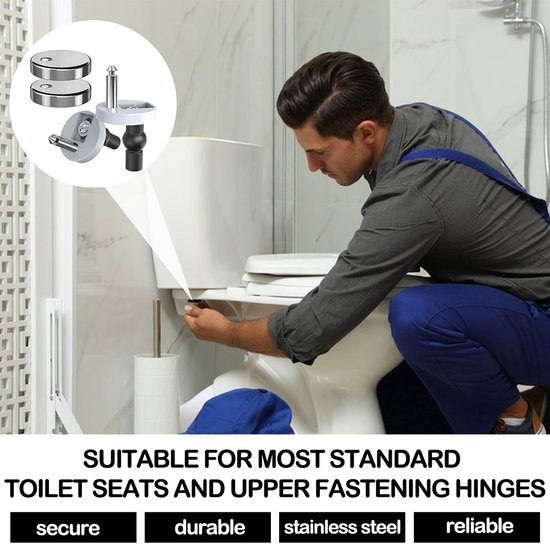 Man monteert toiletzitting. Inzet toont scharnieronderdelen. Geschikt voor de meeste standaard toiletzittingen.