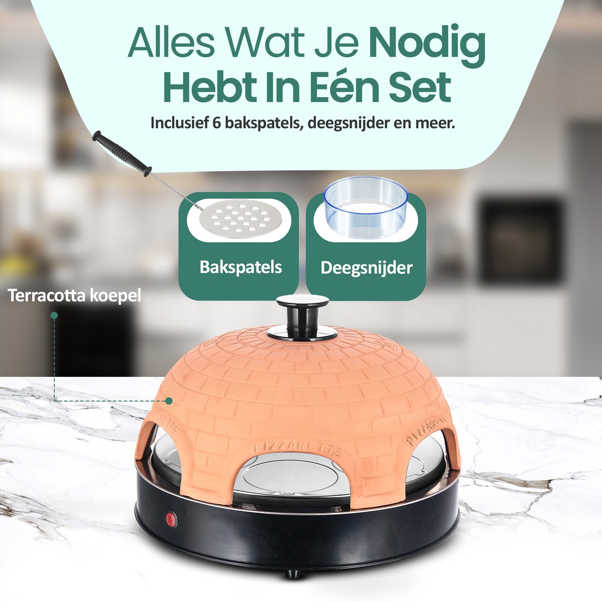 Emerio Pizzarette Origineel - 6 Persoons Pizza Oven - Handgemaakte Terracotta Koepel - 6 Geïsoleerde Bakspatels - RVS Bakplaat - Gourmetstel met Cool touch koepel - PO-115984 1200W – foto 4