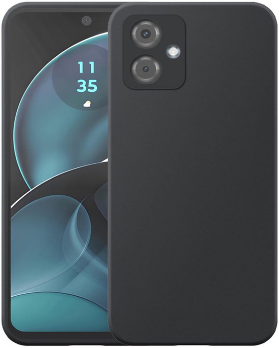 Zwart telefoonhoesje voor Motorola Moto G14, met dubbele camera-uitsparing aan de achterkant.