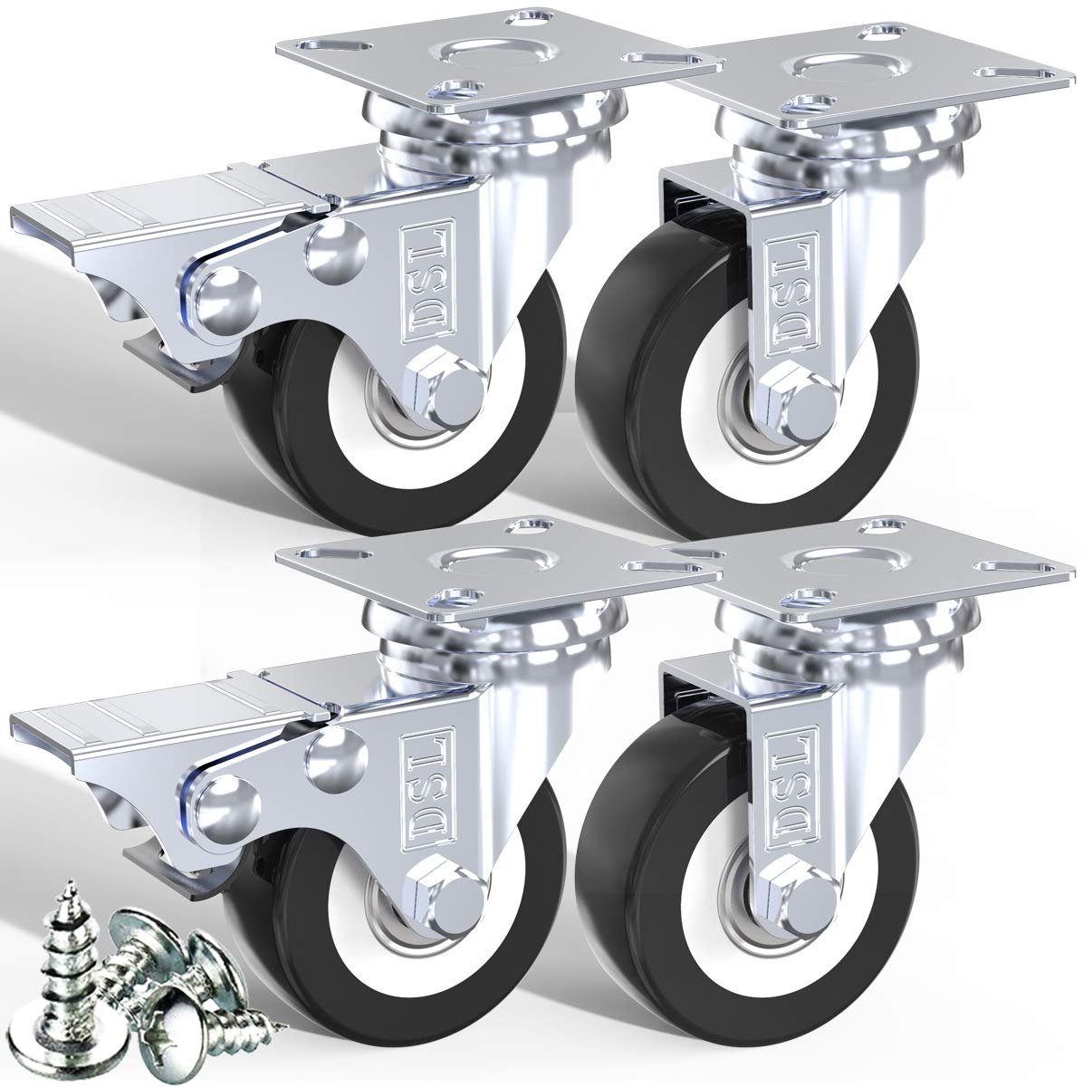DSL zwenkwielen, 50 mm, PU, robuust, dubbel gelagerd, 2 wielen met rem, rubber, voor trolleys, meubelwielen, 240 kg, 4 stuks