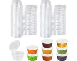 SLTAXAR 100 stuks bewaardozen met deksels Kleine 2oz voedselbewaardozen Lekvrije sausbekers 50ml plastic bakjes Dressingbekers Magnetronbestendige kleine bakjes voor sauzen, dips en kruiden