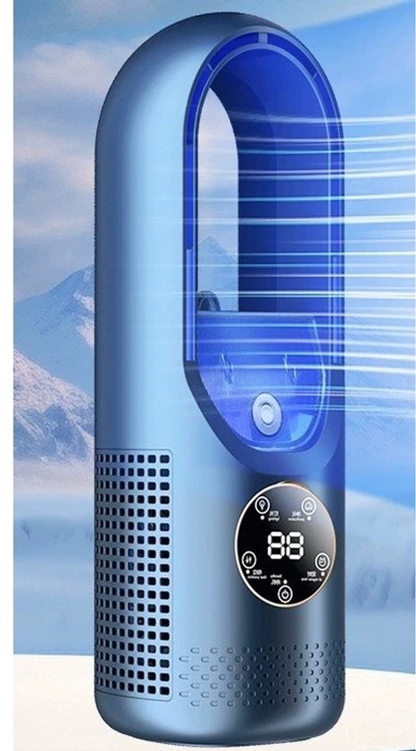 Bladloze vernevelingsventilator 3-in-1 KOELING, BEVOCHTIGING, VENTILATIE – 6 snelheden, stille USB, timer, LED nachtlicht, blauw