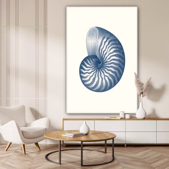 Canvas schilderij 120x180 cm - Exclusieve wanddecoratie Blauw - Schelp - Spiraal - Muurdecoratie woonkamer - Slaapkamer decoratie - Kamer accessoires - Schilderijen op canvas