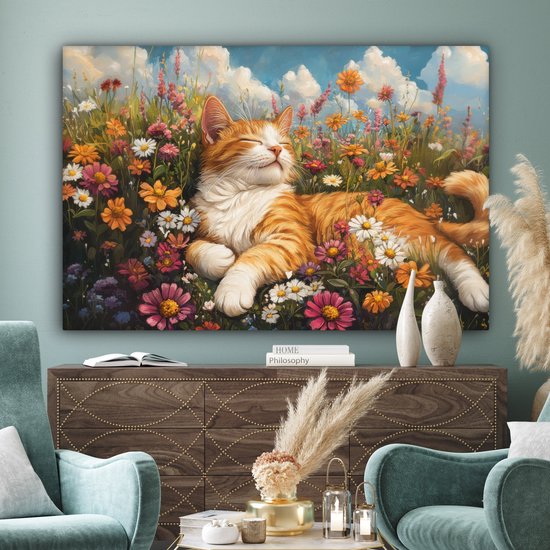 Tableau sur toile 180x120 cm - Décoration murale exclusive Chat - Fleurs - Relax - Décoration murale salon - Décoration chambre - Accessoires chambre - Peintures sur toile