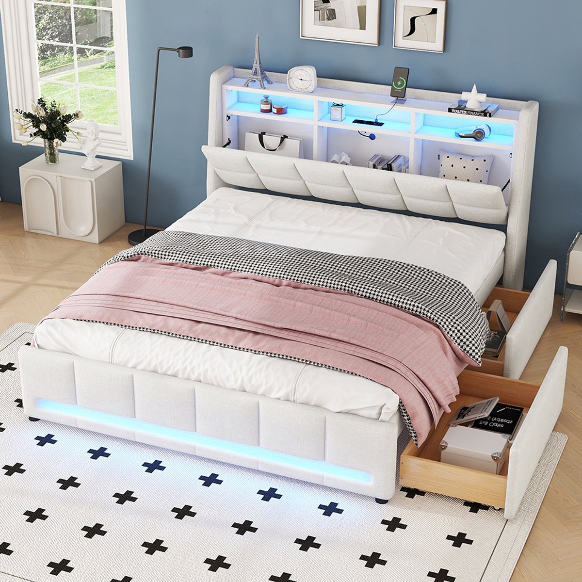 Pugsdrly Opbergbed, 140 x 200 cm, zonder matras, APP-afstandsbediening LED-verlichting, bed met lades met stopcontacten en USB, ingebouwd opbergvak, linnen, beige