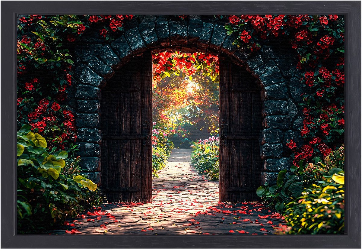 Tuinpoort met rode bloemen - Tuinpoort schilderij op canvas - Canvas schilderijen poort - 