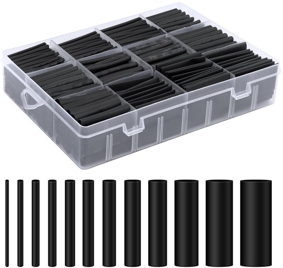 Krimpkous Assortiment Set 1545 Stuks Krimpkousenset Zwart Krimpkousen Waterdicht, Isolatiebescherming, Vlamvertragend, Sssortiment in 12 Verschillende Maten, 1-13 mm, voor Kabel en Oplaadkabel
