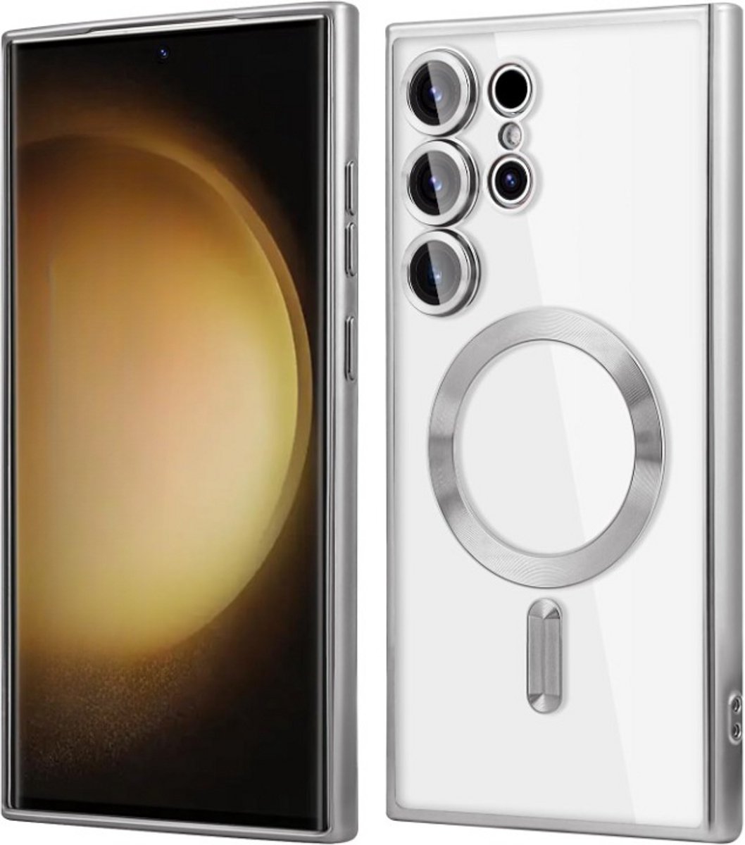 Telefoonhoesje Geschikt voor Samsung Galaxy S22 Ultra – Siliconen Hoes met Chroom – Compatibel met MagSafe – Geïntegreerde Camerabescherming – Zilver – FuturiQ