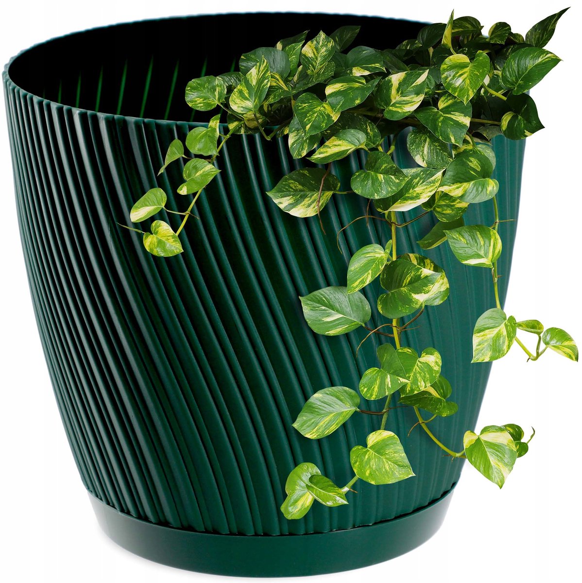 KADAX Bloempot met onderzetter, plantenpot in driedimensionale golfvorm, plantenpot van kunststof, decoratieve pot voor bloemen, cactussen en kruiden (15 cm, groen)