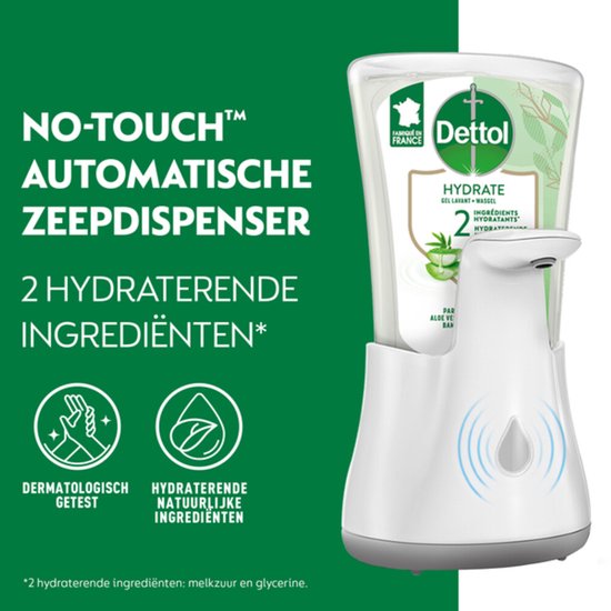 Dettol no-touch automatische zeepdispenser met 2 hydraterende ingrediënten, dermatologisch getest. Gemaakt in Frankrijk, met aloe vera & bamboe geur.