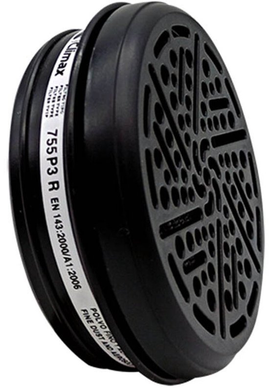 Zwart rond P3 stofdeeltjesfilter met gaasdetail, op witte achtergrond.