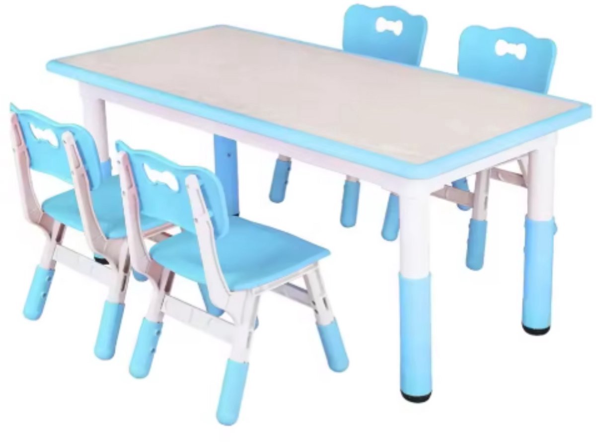 Kindertafel Tavien en 4-Stoelenset - In Hoogte Verstelbare Tafel voor Peuters voor Studie,