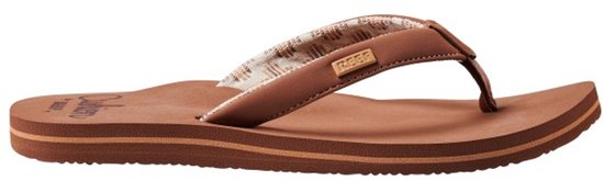 Cognacbruine Reef slipper met beige en oranje strepen in de bandjes.