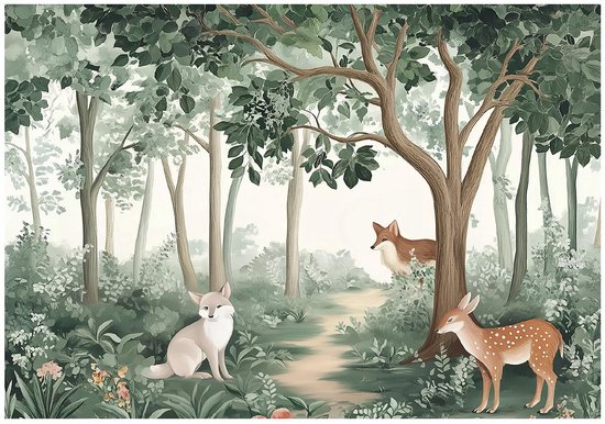 Papier peint enfant avec paysage forestier, renard, cerf et chat.