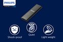 Philips opslagmedium, donkergrijs, met iconen voor schokbestendig, stil en lichtgewicht.