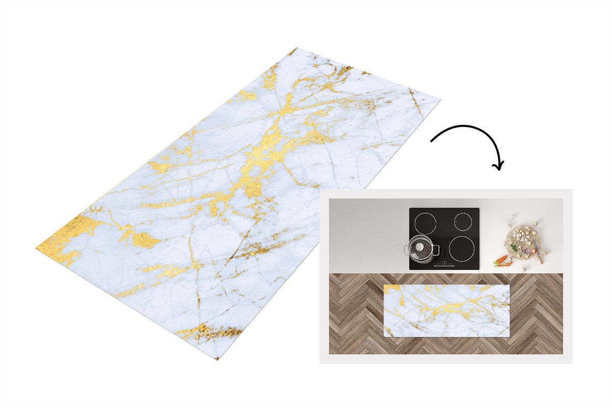 KitchenYeah Keukenloper 120x50 cm - Keukenmat vinyl Marmer - Goud - Wit - Luxe - Marmerlook - Glitter - Keukenmatten loper - Keuken vloerkleed tapijt