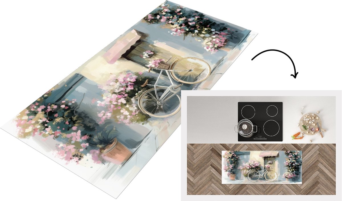 KitchenYeah Keukenloper 120x50 cm - Keukenmat vinyl Fiets - Pastelkleuren - Bloemen - Keukenmatten loper - Keuken vloerkleed tapijt Landschap - Fiets