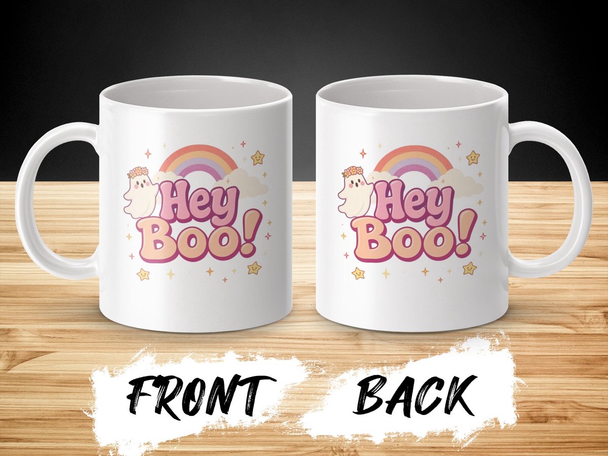 Hey Boo Mug, Cute Ghost Mok, Halloween Koffiemok, Geest Met Bloemen, Rainbow Design, Fall Mok, Cadeau voor Haar, Feestelijke Mok