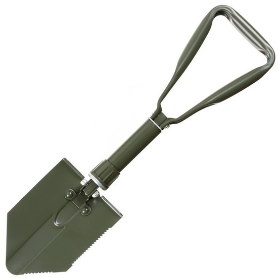 Groene, 3-delige, opvouwbare pioniersschep met getand blad en verstelbaar handvat.