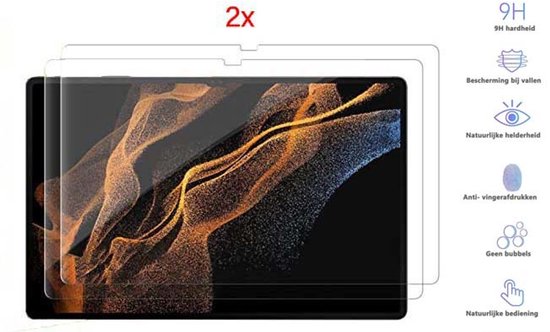 Twee schermprotectors voor een tablet, met tekst "2x", "9H hardheid", "Bescherming bij vallen", "Natuurlijke helderheid", "Anti-vingerafdrukken", "Geen bubbels", "Natuurlijke bediening".