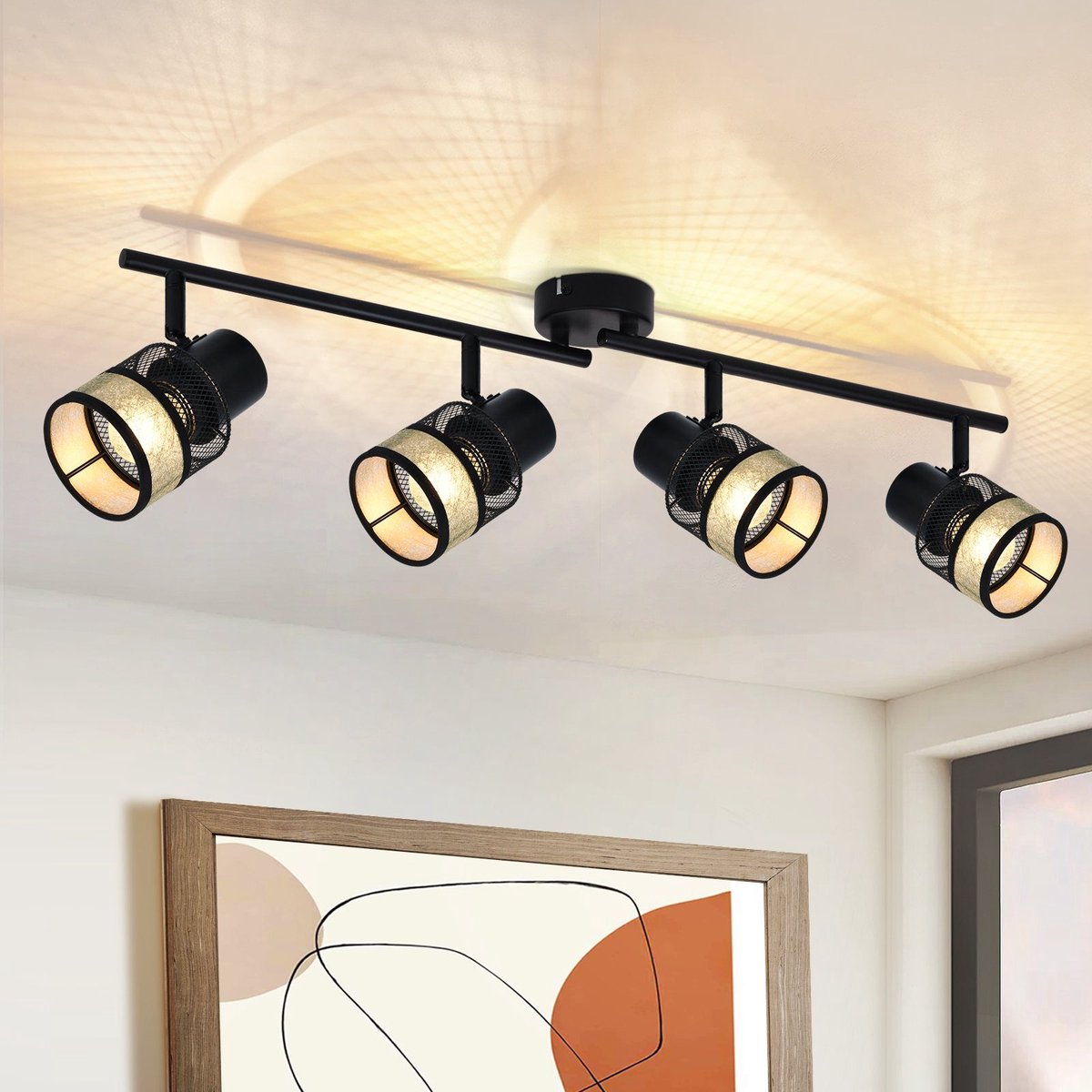 NETTLIFE Opbouwspot stof - E27 Fitting - 4 Lichts - zwart - Vintage Plafondlamp - draaibar 330° Plafondspot - Metaal - met gouden stoffen Lampkap - voor Woonkamer | Slaapkamer | Keuken | Gang - MAX.25W-excl. lichtbron