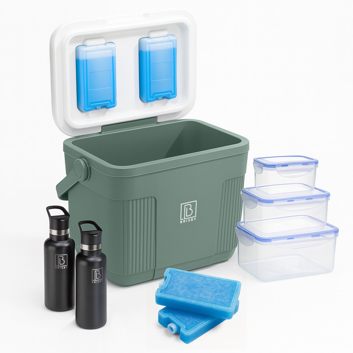 Brisby Koelbox 22L – Frigobox Groen – Tot 40 uur isolatie – Inclusief 4x 450ml Koelelementen, 3-delige Vershoudbakjes Set en 2x 500ml Zwarte RVS Thermosflessen – Slimme sluiting – Koelelementen vast in deksel