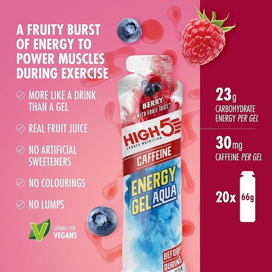 HIGH5 - Isotonic Energy Gel Aqua met Cafeïne - Energie Gel met Koolhydraten - Isotone Sportgel - Berry Smaak - Hardlopen & Wielrennen - 20 x 66ml van Merkloos — afbeelding 2
