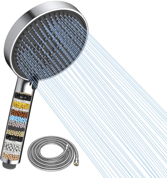 MEKO Douchekop met filter hogedruk handdouche met 15-lagig filtersysteem, 1,5M slang 3 straalsoorten Waterbesparende douchekop voor het verwijderen van restchloor, hard water, zware metalen (Wit