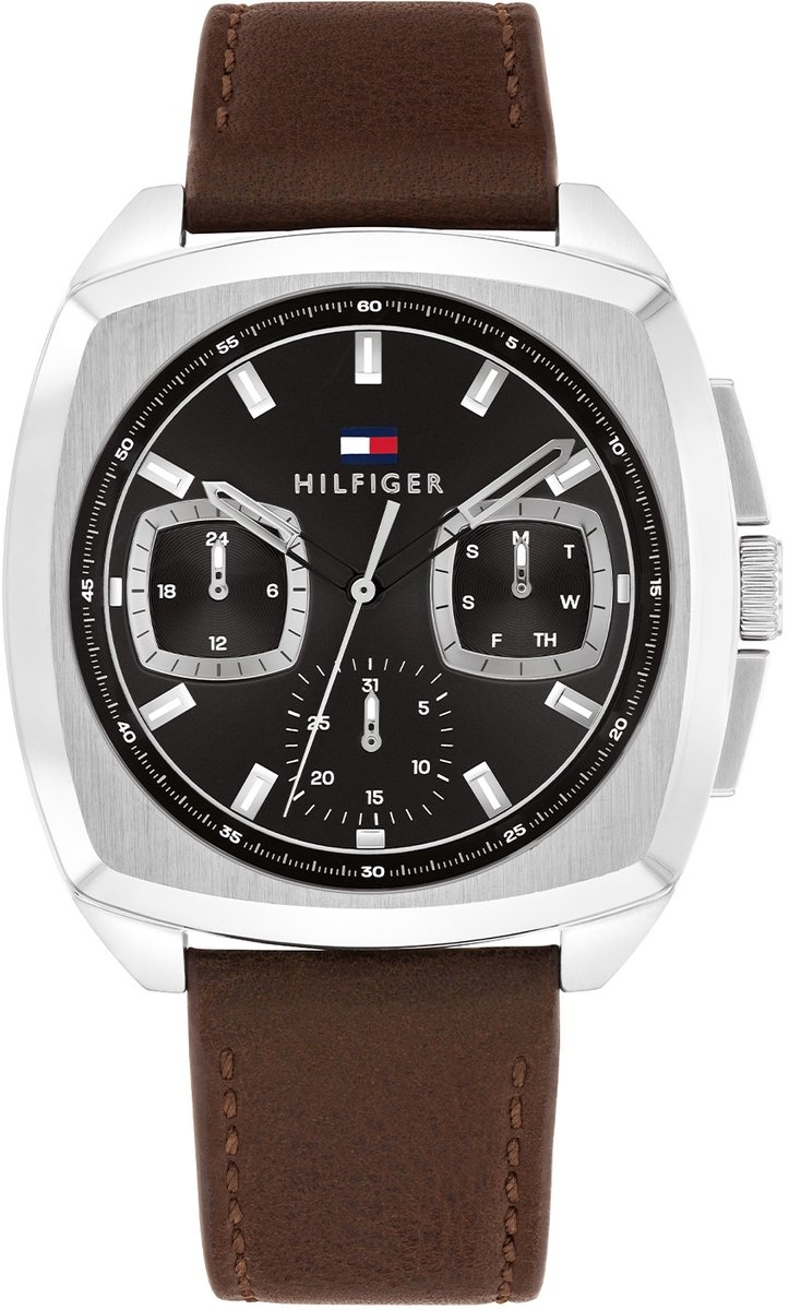 Tommy Hilfiger TH1710555 APOLLO Heren Horloge - Mineraalglas - Staal-Leer - Bruin-Zilverkleurig - 41 mm breed - Quartz - Gesp - 5 ATM (douchen)